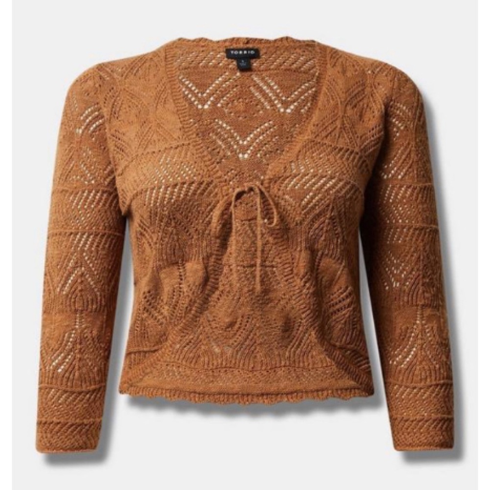 🆕 Pointelle Tie Front Shrug Sweater 2 2X 18 20 NWT Torrid New! Tobacco Brown